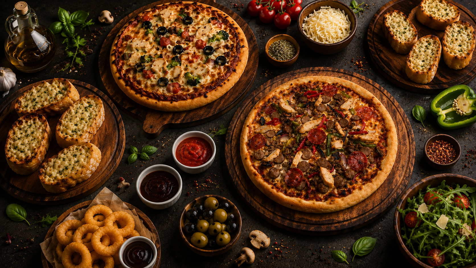 Pizzas fraîches, pain à l'ail, accompagnements et ingrédients